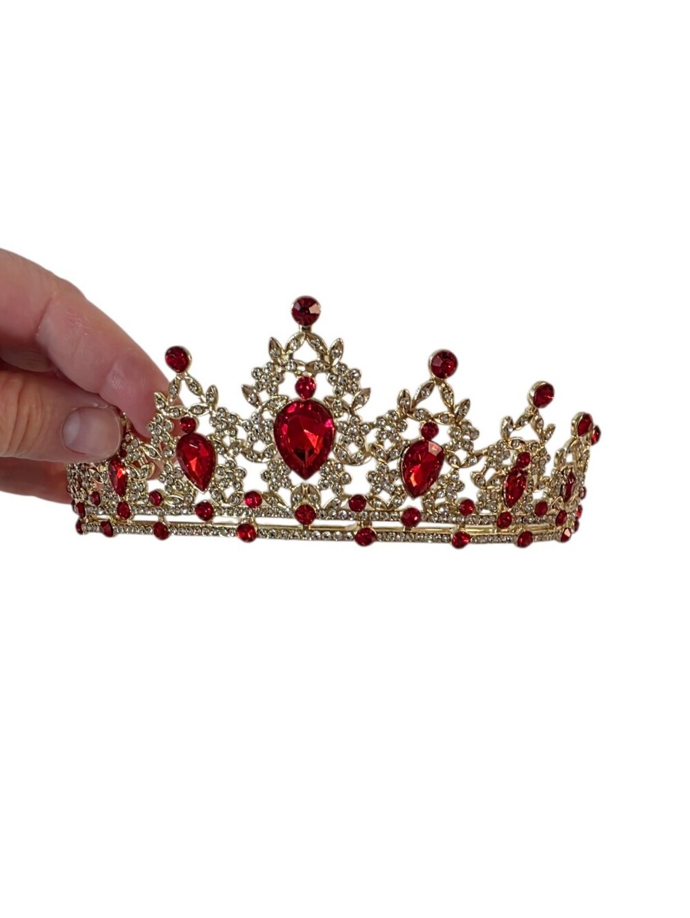 Goldtone Tiara Crown Bridal Quinceanera Prom Red Clear Crystals Princess NWOT